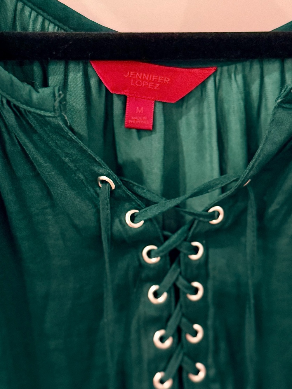 Jennifer Lopez Deep Green Lace-Up Peasant Blouse - Picture 3 of 3